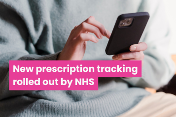 A photo of a person on their phone with text that reads 'new prescription tracking rolled out by NHS'