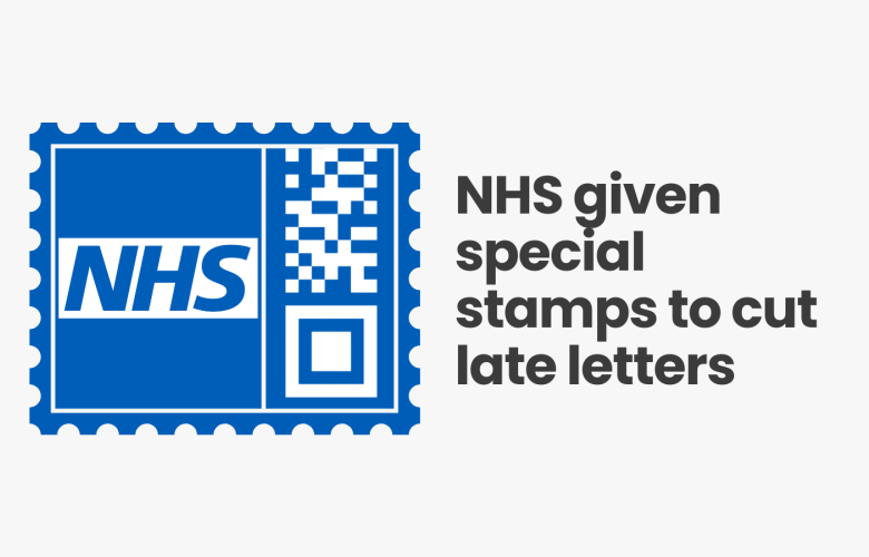 A mock up illustration of an NHS stamp with text that reads 'NHS given special stamps to cut late letters'