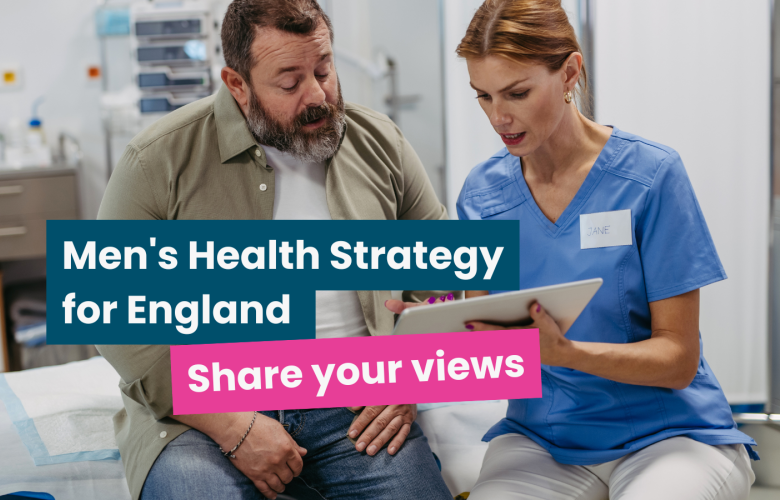 A photo of a man talking to a doctor in a hospital room. Text reads 'men's health strategy for England: share your views'