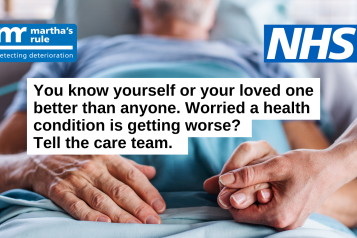 A photo of a person in a hospital bed as someone holds their hand. Text reads 'You know yourself or loved one better than anyone. Worried a health condition is getting worse? Tell the care team.'
