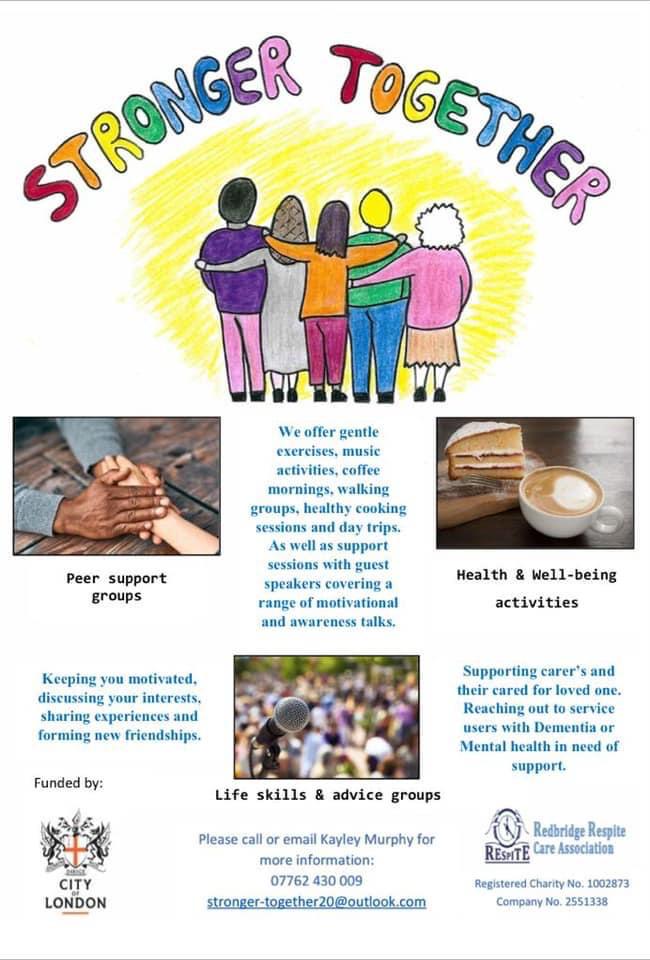 A stronger together poster. text reads: we offer gentle exercise, music activities, coffee mornings, walking groups, healthy cooking sessions and day trips. As well as support with guest speakers covering a range of motivational awareness talks. keeping you motivated, discussing your interests, sharing experiences and forming new friendships. supporting carer's and their cared for loves ones. reaching out to services users with dementia or mental health in need of support.