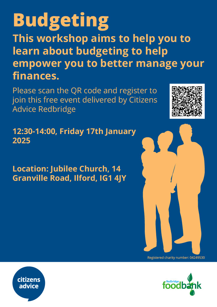 A blue flyer from Citizens Advice workshop advertising their workshop on budgeting. The event is on Friday the 17th of January, 12:30 -14:00 