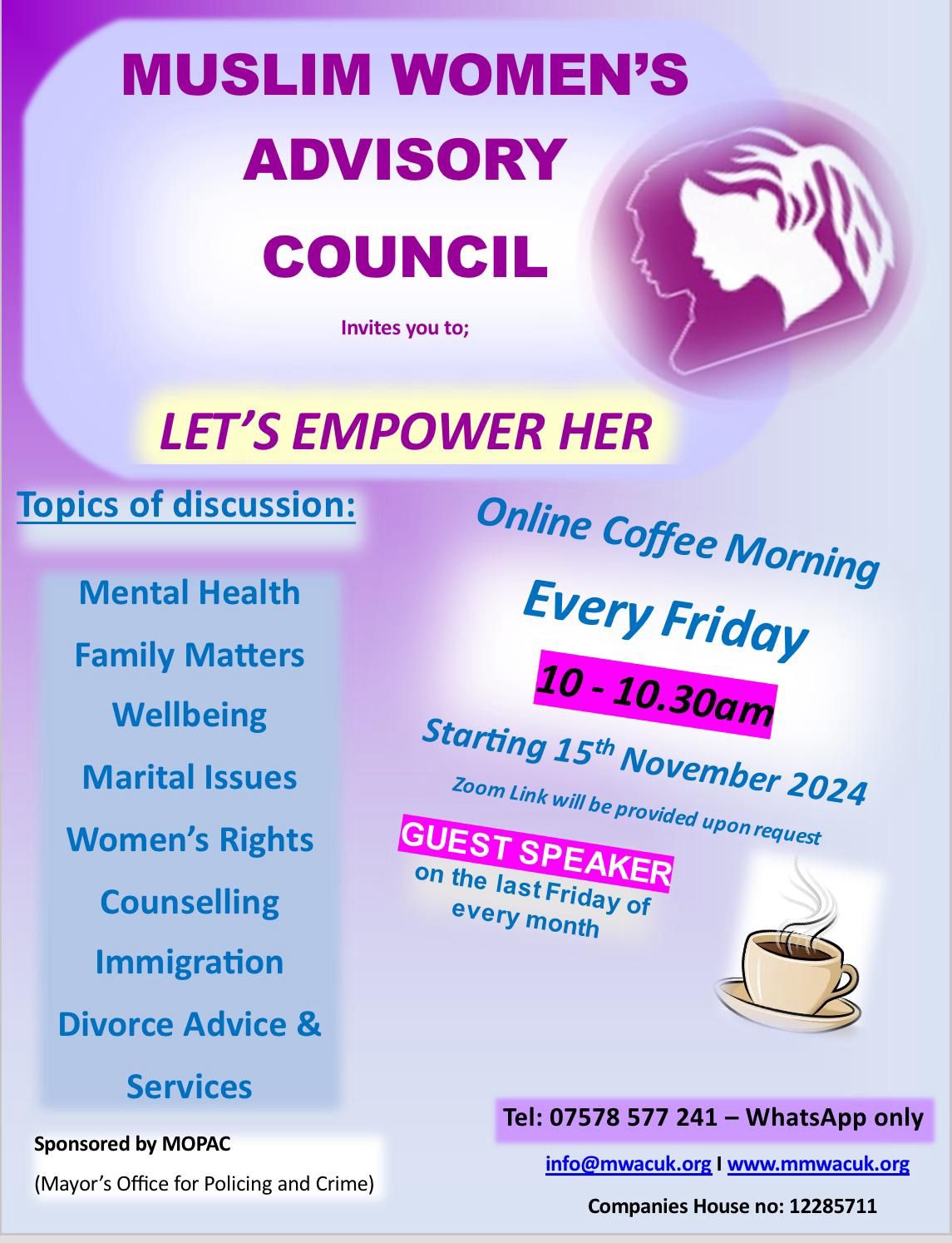 A purple flyer from the Muslim Women's Advisory Council for their Online Coffee Morning 'Let's Empower Her'