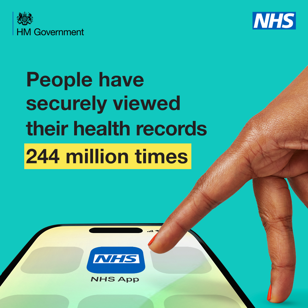 A graphic from the nhs showing a hand tapping the NHS app on a phone. Text reads 'people have securely viewed their health records 244 million times' 