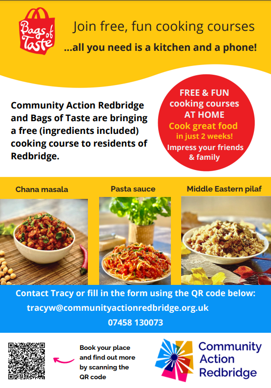 A poster advertising free cooking courses from community action redbridge in collaboration with bags of taste. 