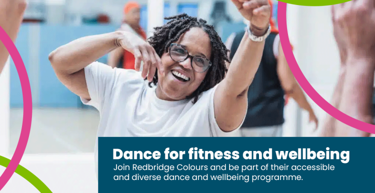 a smiling woman dancing in a sports hall. text reads: dance for fitness and wellbeing. join redbridge colours and be part of their accessible and diverse dance and wellbeing programme