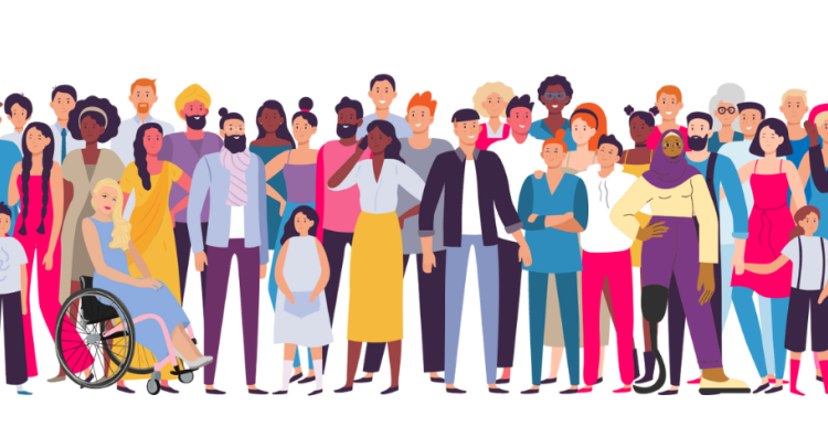 An illustrated vector image of a large and diverse group of people.