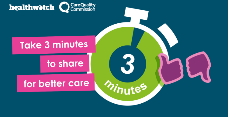 A graphic image of stopwatch showing 3 minutes. Text reads 'take 3 minutes to share for better care'