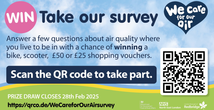 A graphic advertising a survey from We Care for Our Air. Participants have the chance to be entered into a prize draw.