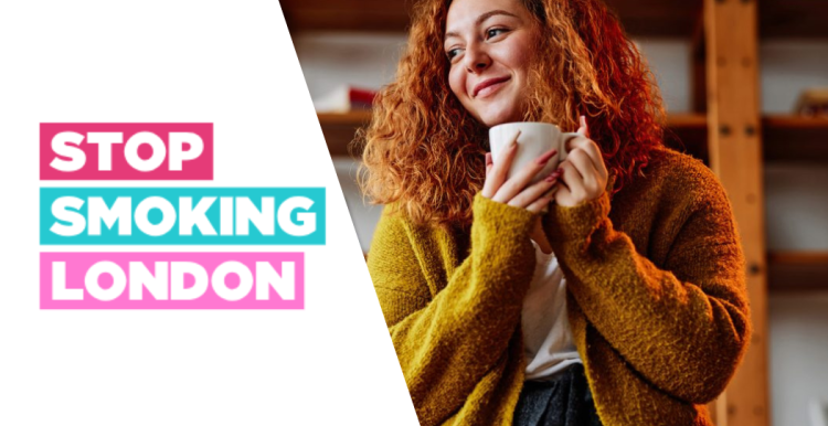 a photo of a woman smiling next to the stop smoking london logo