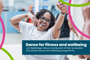 a smiling woman dancing in a sports hall. text reads: dance for fitness and wellbeing. join redbridge colours and be part of their accessible and diverse dance and wellbeing programme