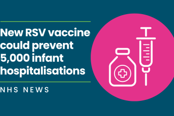 A dark blue background with a pink circle containing a graphic image of a needle and medicine vial. Text reads: new RSV vaccine could prevent 5,000 infant hospitalisations. NHS News