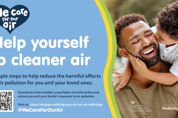 A graphic with a photo of a young boy on his dad's shoulders. Text to the left reads 'Help yourself to cleaner air: simple steps to help reduce the harmful effects of air pollution for you and your loved ones'