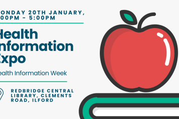 An illustration of an apple on a book. Text reads 'monday 20th January, 1:00pm - 5:00pm, Health Information Expo at Redbridge Central Library, Ilford'