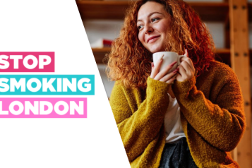 a photo of a woman smiling next to the stop smoking london logo