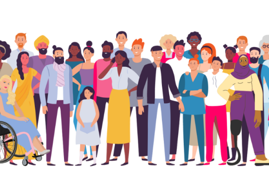 An illustrated vector image of a large and diverse group of people.