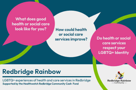 Colourful graphic. Text reads: what does health or social care look like for you? How could health or social care services improve? Do health or social care services respect your LGBTQ+ identity? Redbrdige Rainbow, LGBTQ+ experiences of health and care services in redbridge, supported by the healthwatch redbridge community cash fund.  