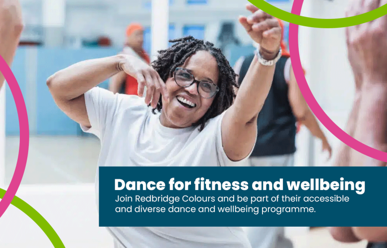 a smiling woman dancing in a sports hall. text reads: dance for fitness and wellbeing. join redbridge colours and be part of their accessible and diverse dance and wellbeing programme