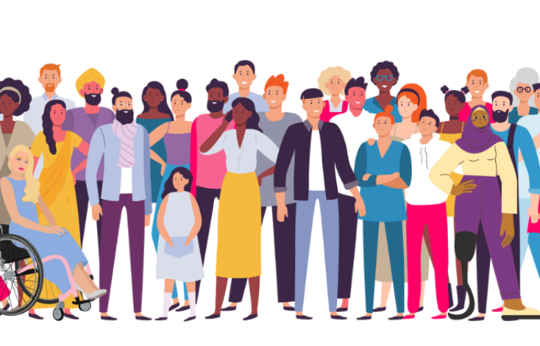 An illustrated vector image of a large and diverse group of people.