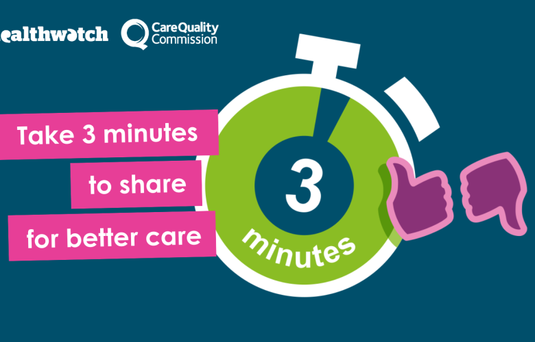 A graphic image of stopwatch showing 3 minutes. Text reads 'take 3 minutes to share for better care'