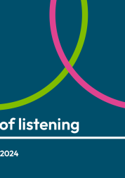 Graphic tile of a dark teal background with red and green circular lines. white text reads:  the value of listening healthwatch redbridge annual report 2023-2024 